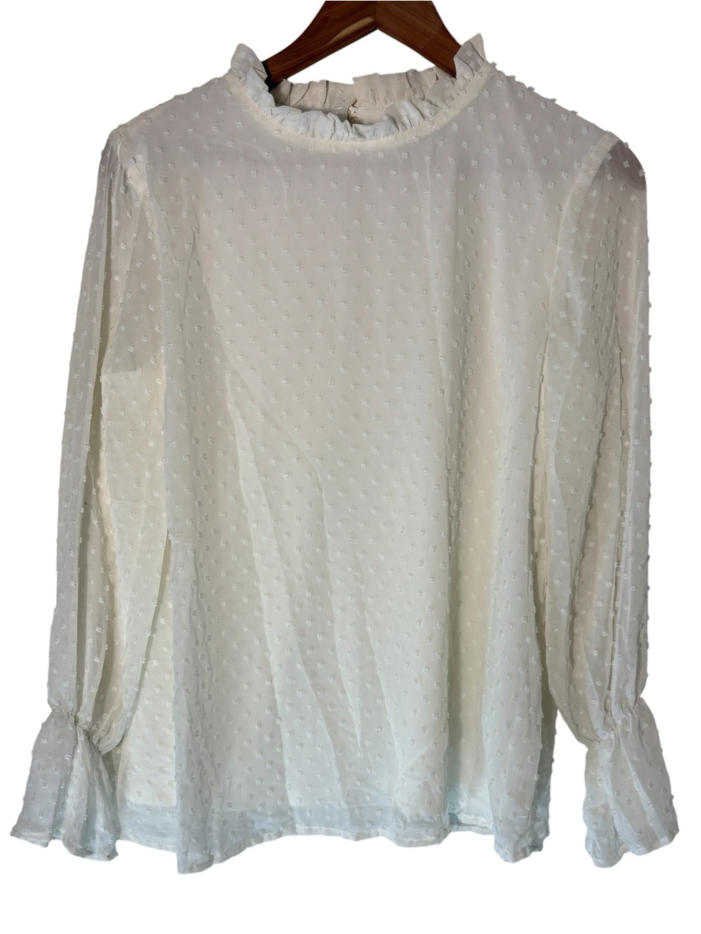 Tacera White Swiss Dot Ruffle Mock Neck Blouse Size M